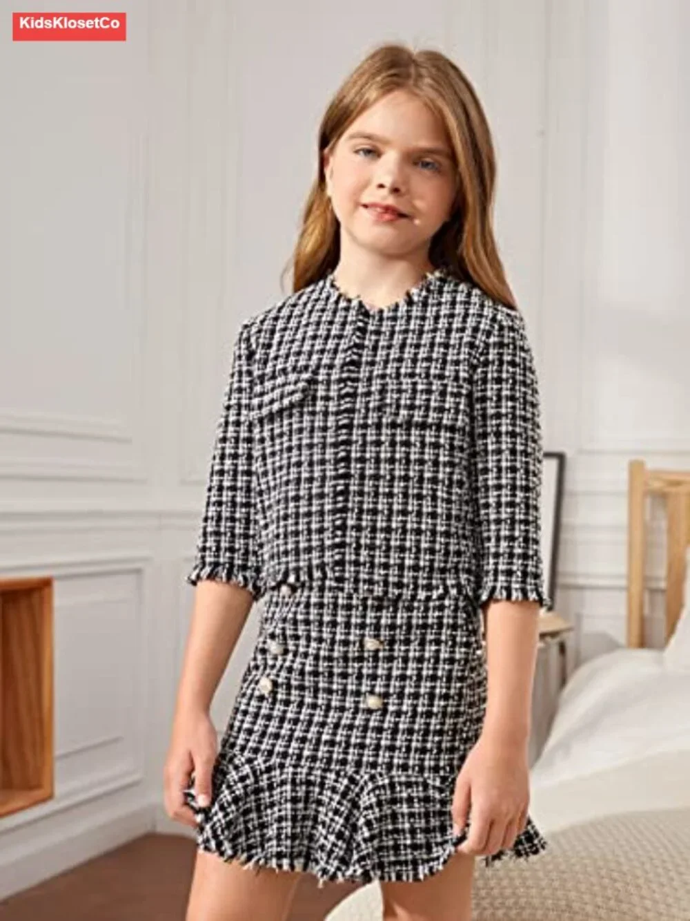 Girls 2 Piece Tweed Skirt Set Plaid Jacket Ruffle Mini Skirt